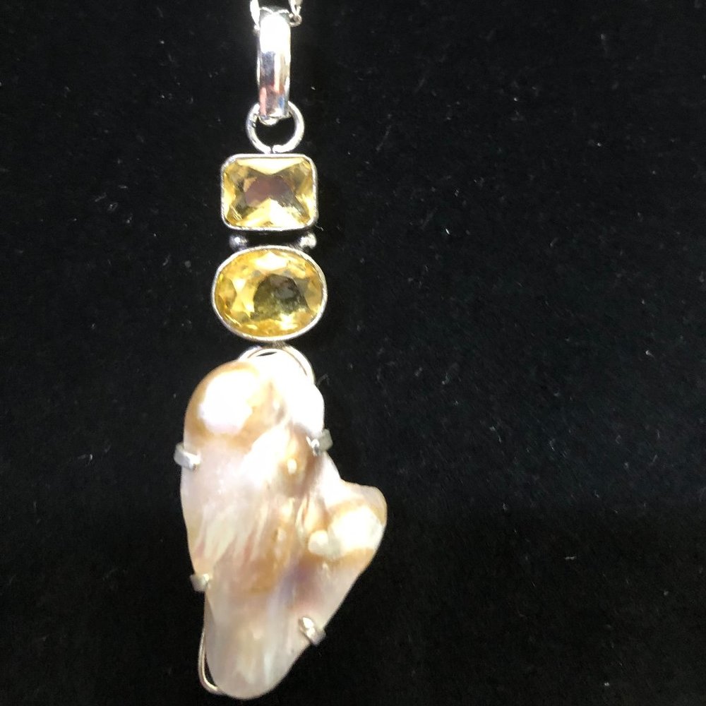 Natural Biwa Pearl Real Citrine Gemstone  925 Stamped Sterling Silver Necklace. - Picture 2 of 5